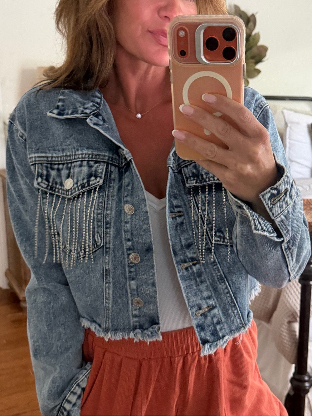 NEW Cropped Light Blue Denim Jacket with Rhinestone Fringe
